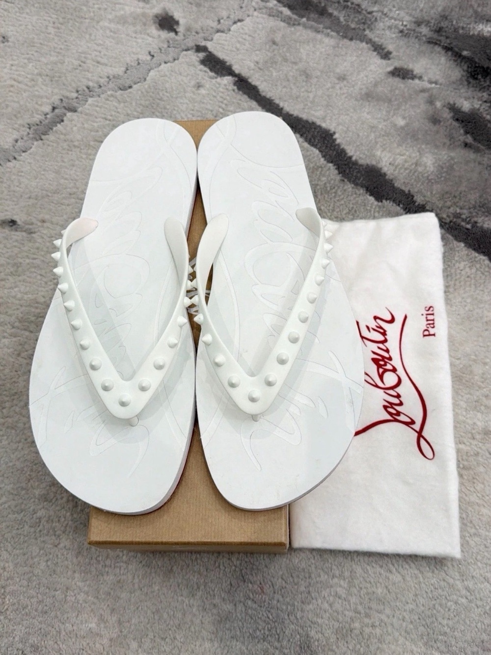 Christian Louboutin White Studded Spikes Flip Flops/Sandals US13 EU46 UK12